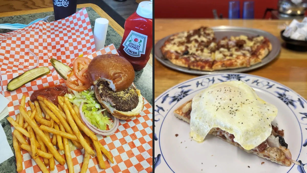 Family-style pizza spot with booths and warm lighting.