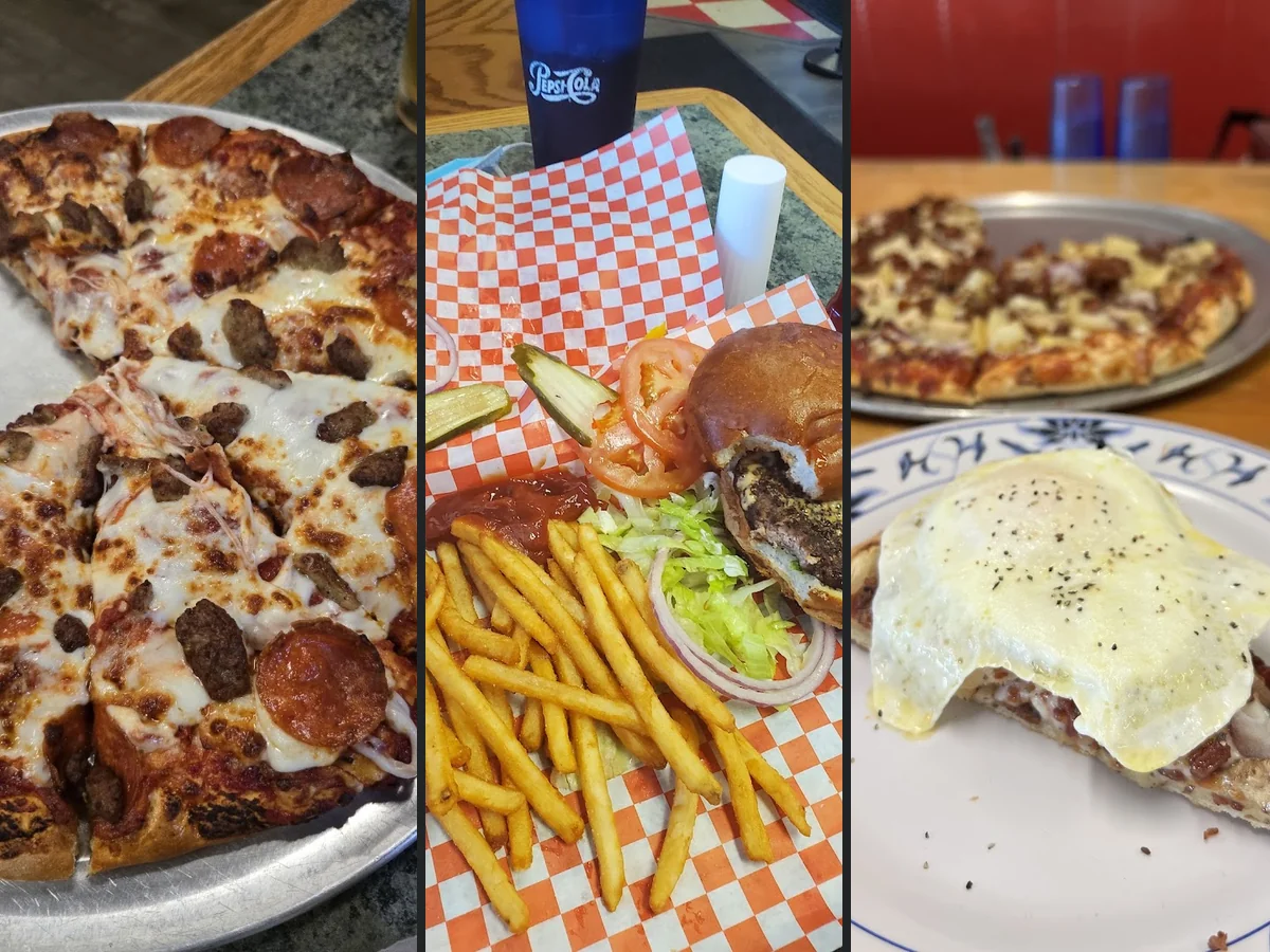 Interior view of a relaxed pizza and grill restaurant.