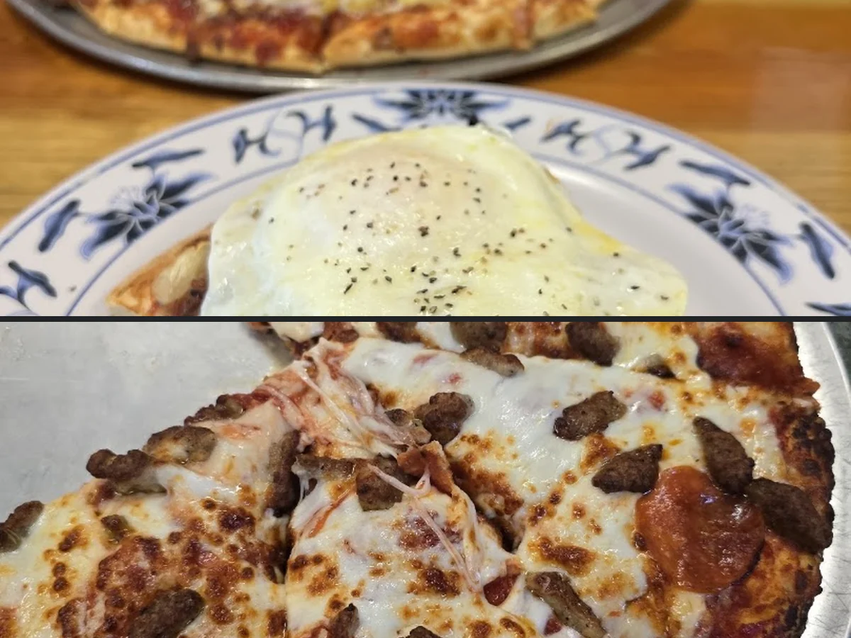 Interior view of a relaxed pizza and grill restaurant.